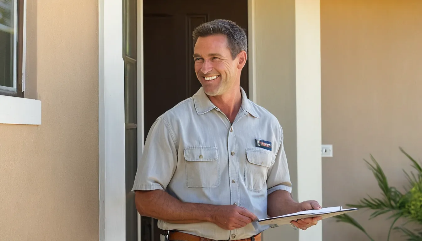 A friendly pest control provider talking with a homeowner outside a stucco ranch home in Hayward